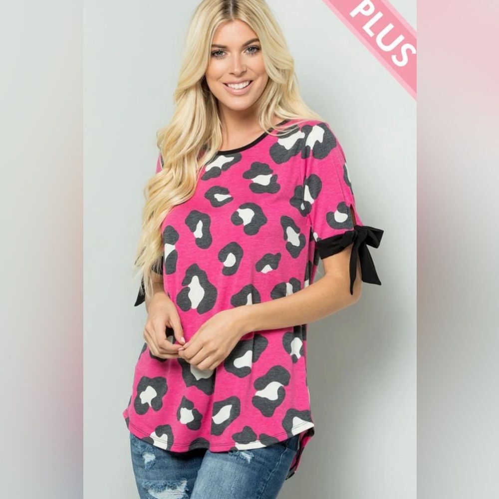 Sweet Lovely leopard print ribbon tie short sleeve top